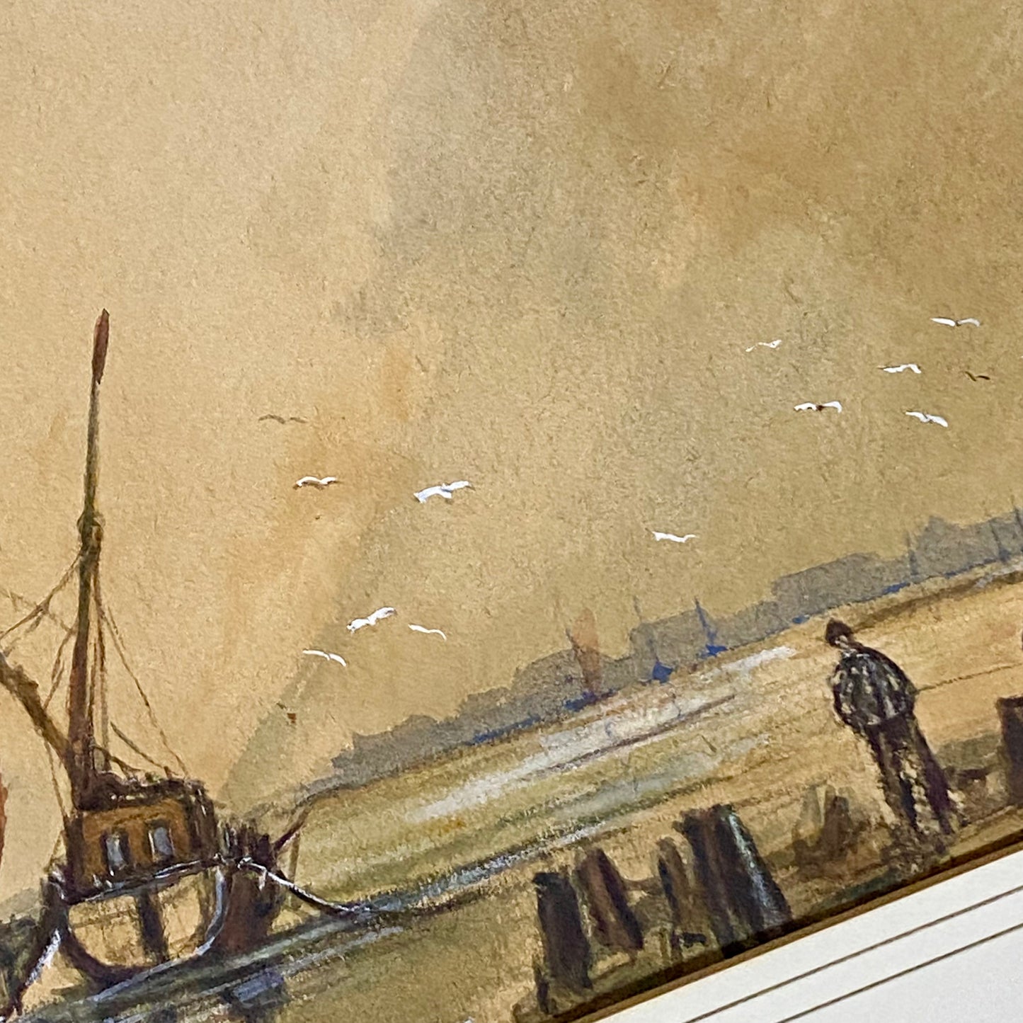 Vintage Watercolour Habour Fishermen Boats Scene Signed By Anthony Crake Framed