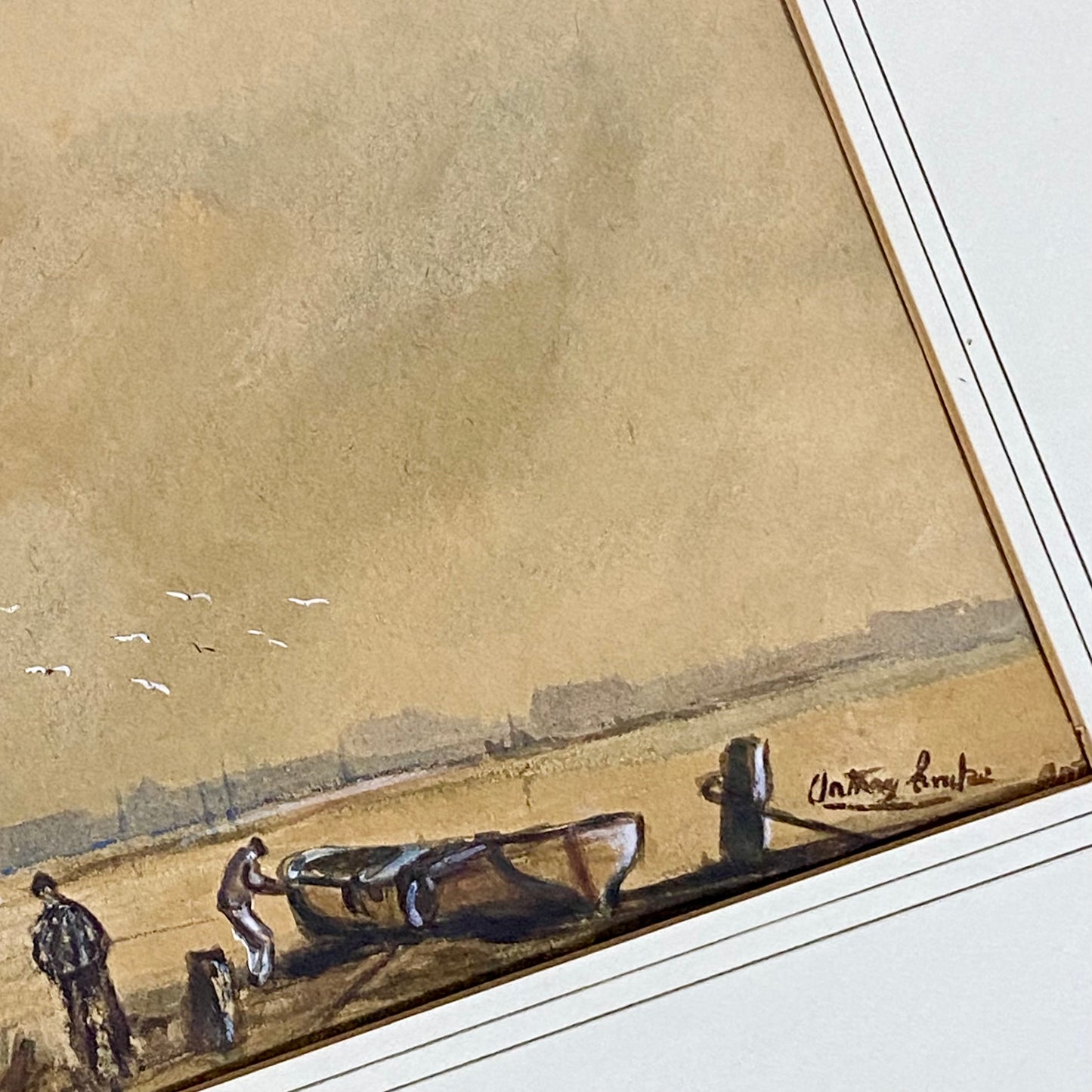 Vintage Watercolour Habour Fishermen Boats Scene Signed By Anthony Crake Framed