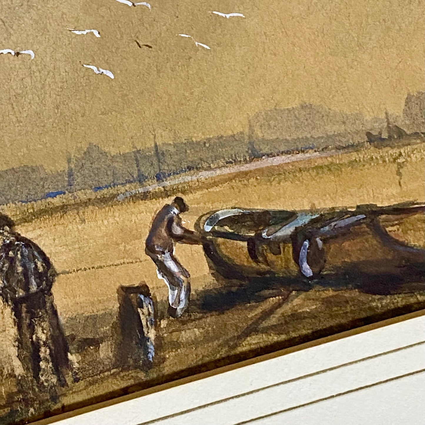 Vintage Watercolour Habour Fishermen Boats Scene Signed By Anthony Crake Framed