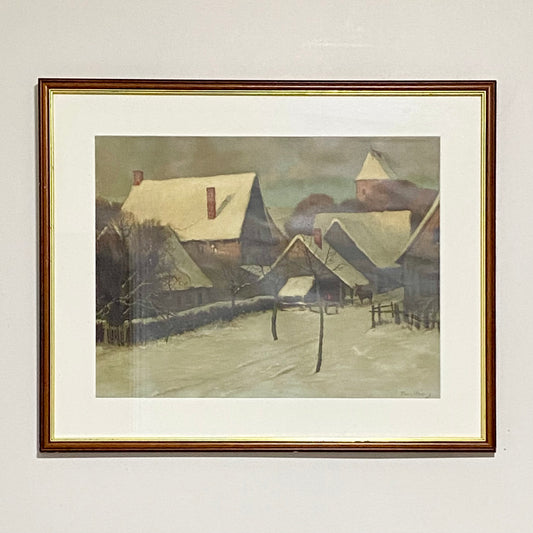 Vintage Village In Winter Scene Signed Art Print By Franz Hecker Framed & Glazed
