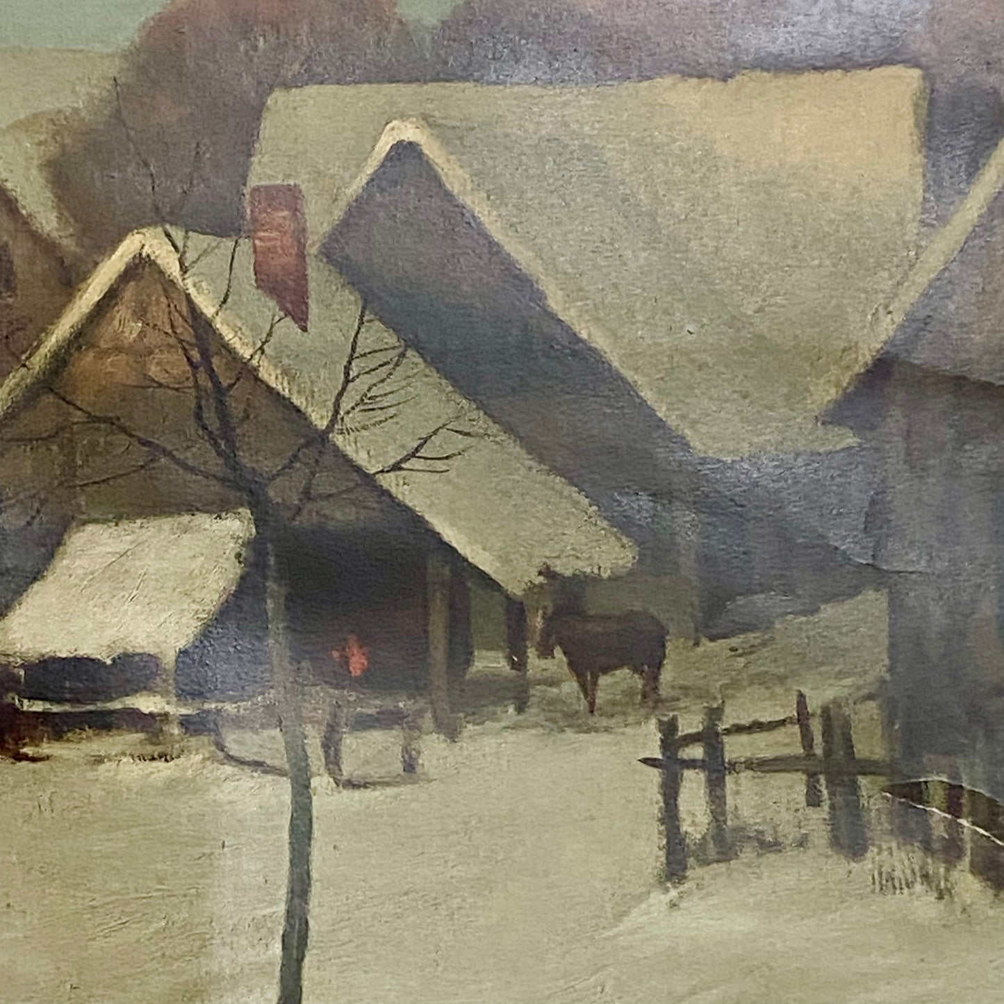 Vintage Village In Winter Scene Signed Art Print By Franz Hecker Framed & Glazed