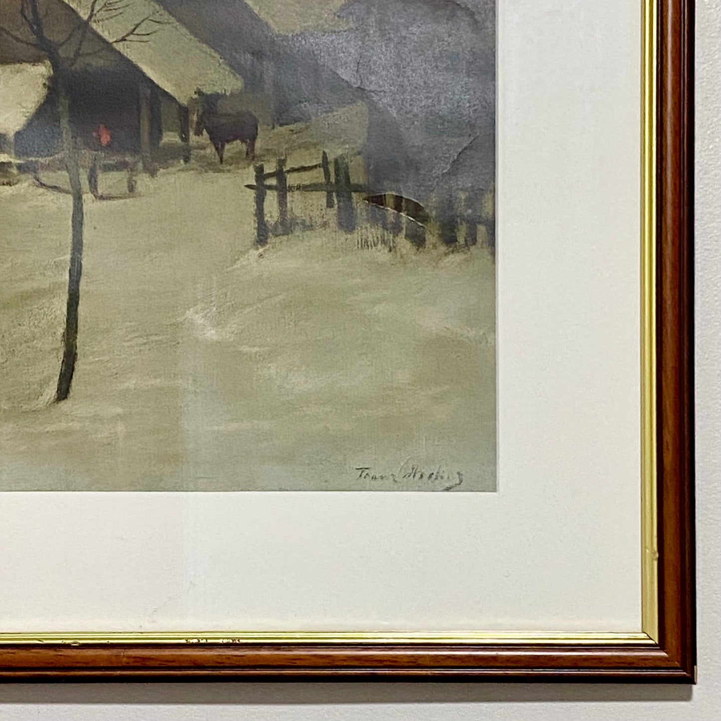 Vintage Village In Winter Scene Signed Art Print By Franz Hecker Framed & Glazed