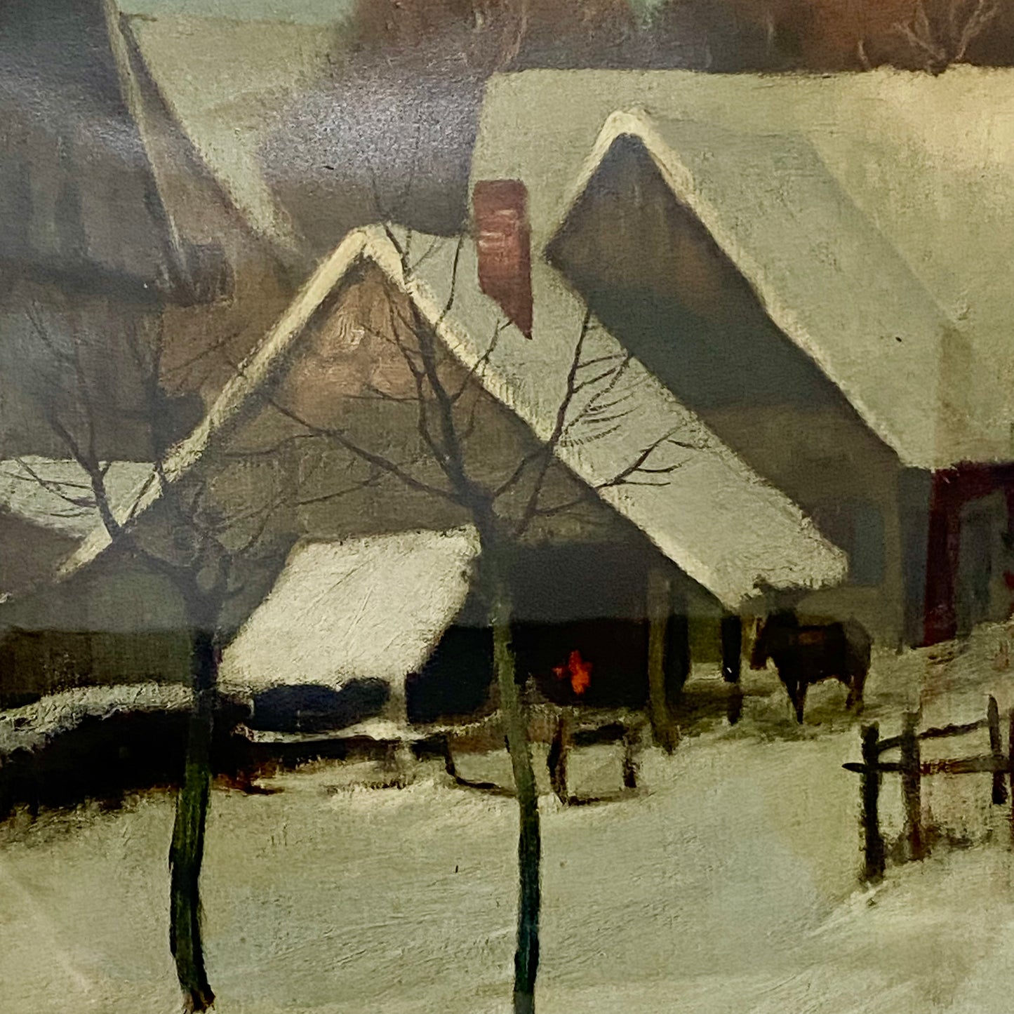 Vintage Village In Winter Scene Signed Art Print By Franz Hecker Framed & Glazed