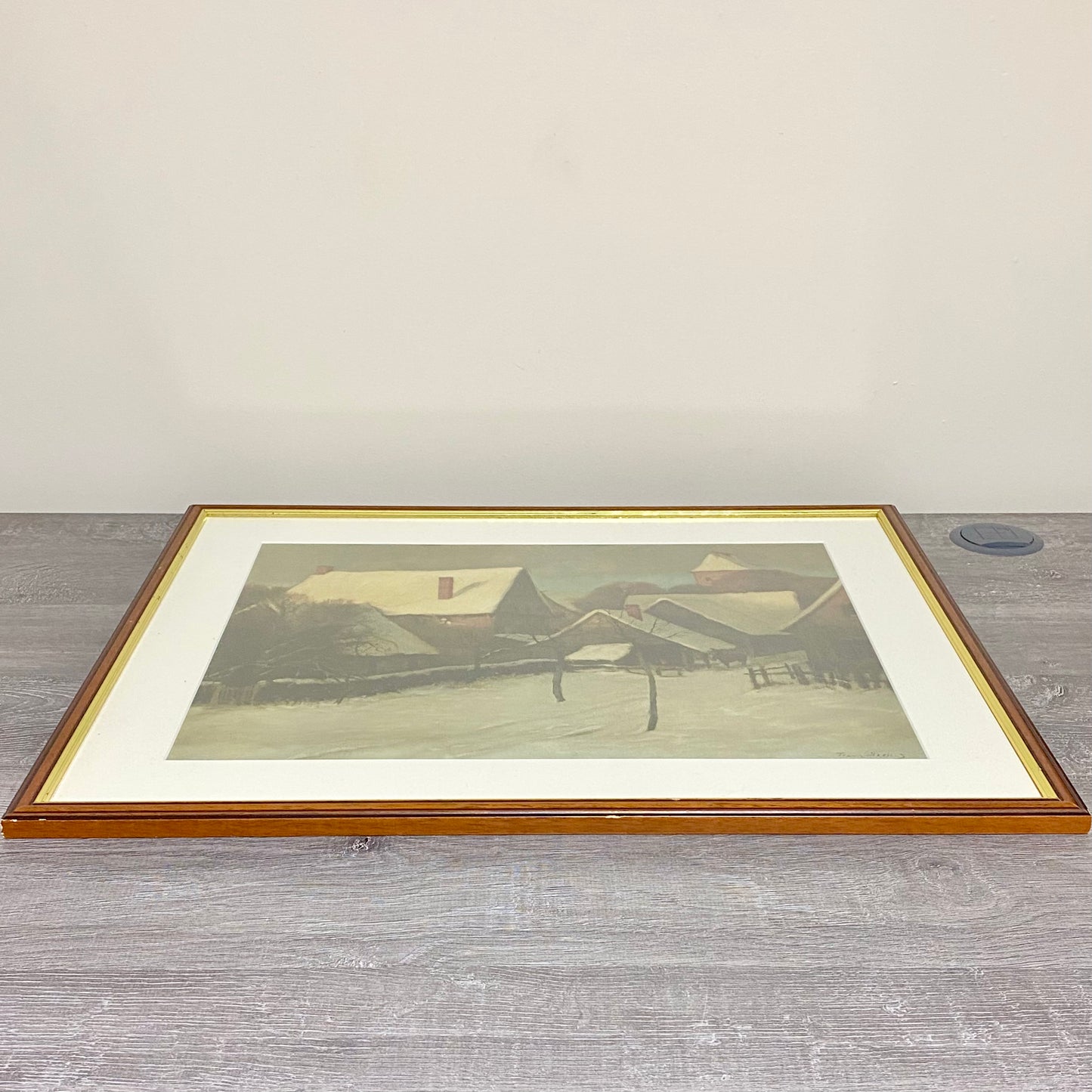 Vintage Village In Winter Scene Signed Art Print By Franz Hecker Framed & Glazed