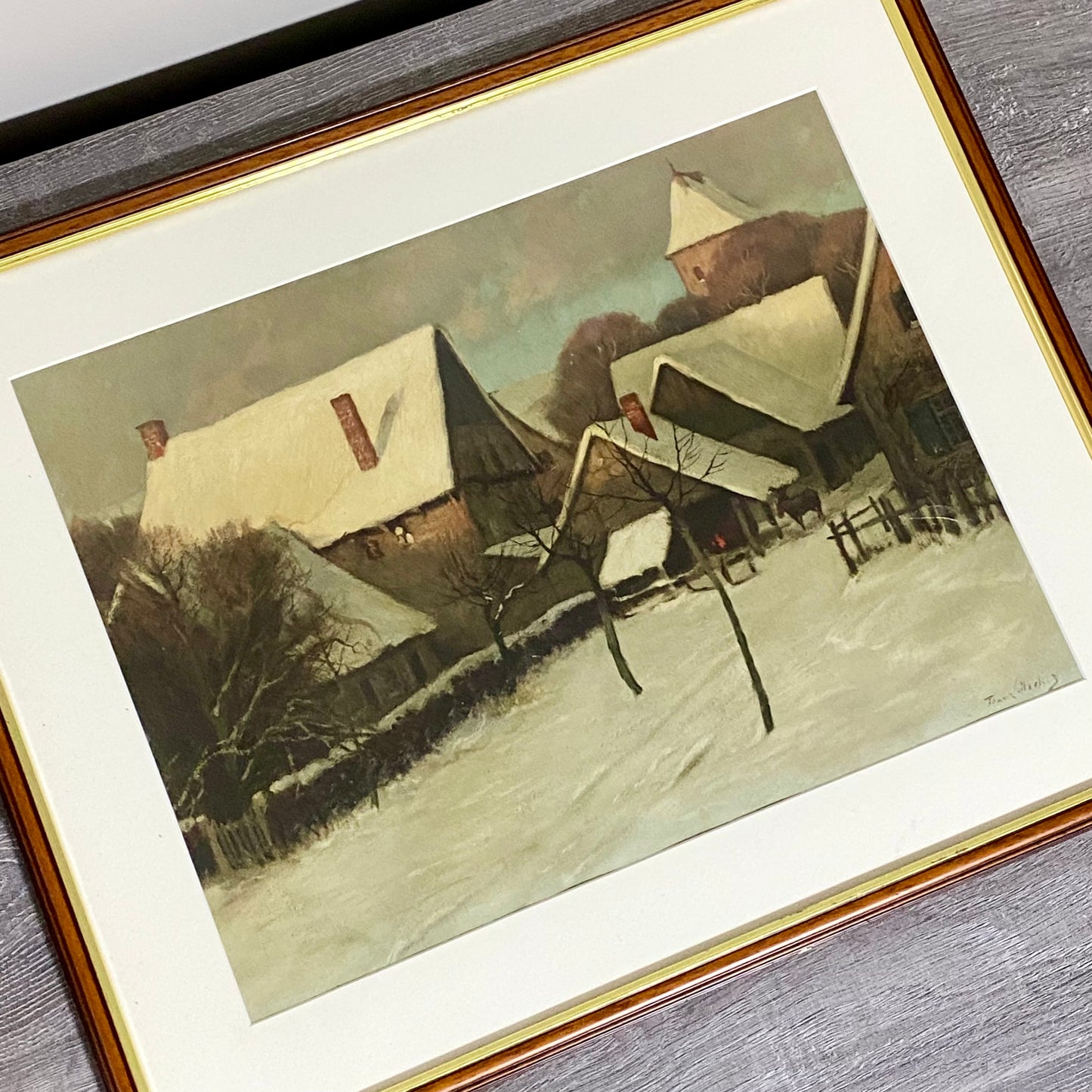 Vintage Village In Winter Scene Signed Art Print By Franz Hecker Framed & Glazed