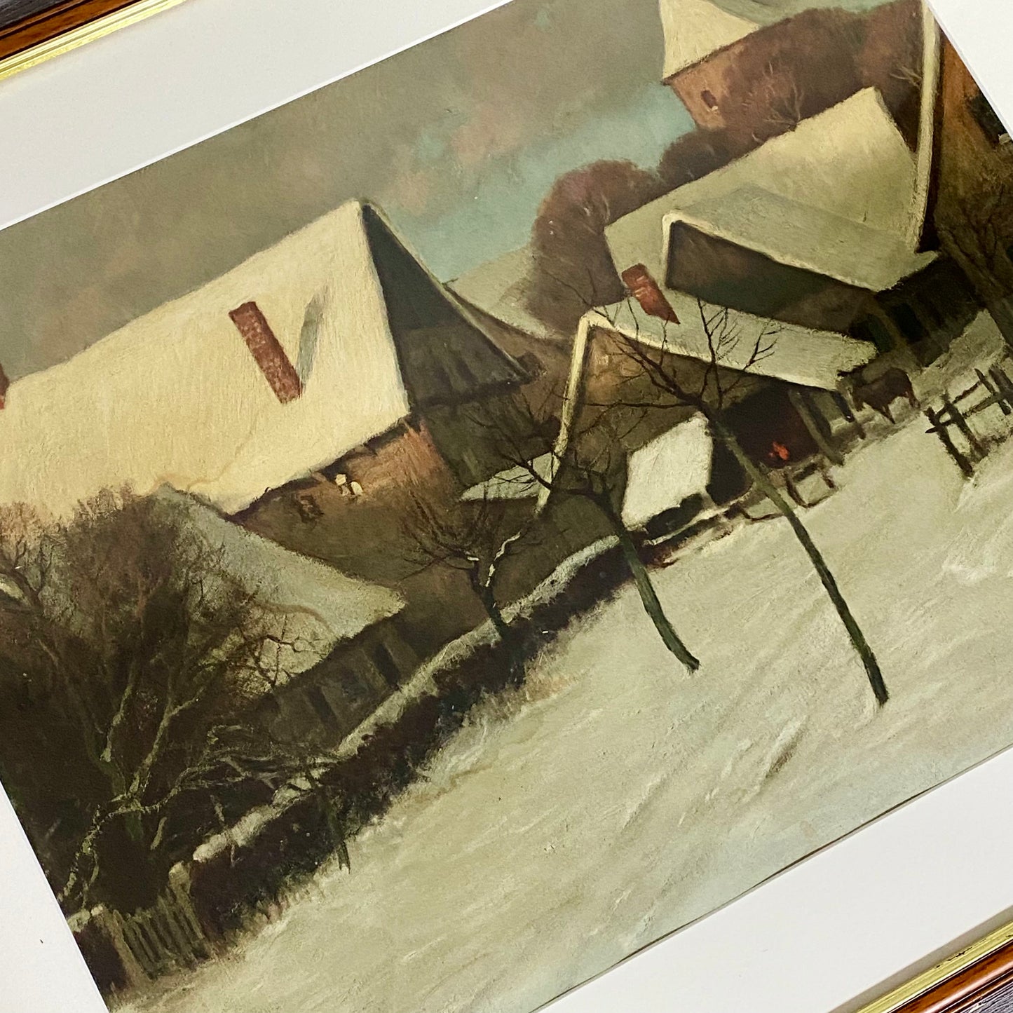 Vintage Village In Winter Scene Signed Art Print By Franz Hecker Framed & Glazed