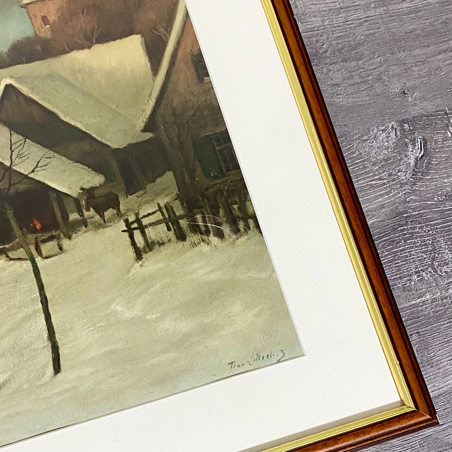 Vintage Village In Winter Scene Signed Art Print By Franz Hecker Framed & Glazed