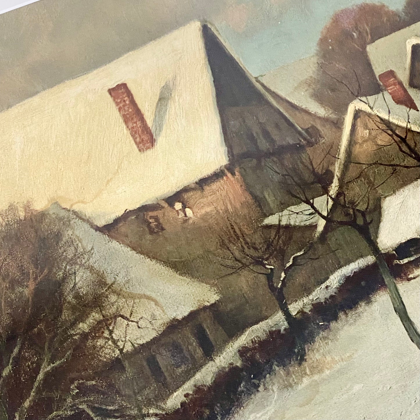 Vintage Village In Winter Scene Signed Art Print By Franz Hecker Framed & Glazed