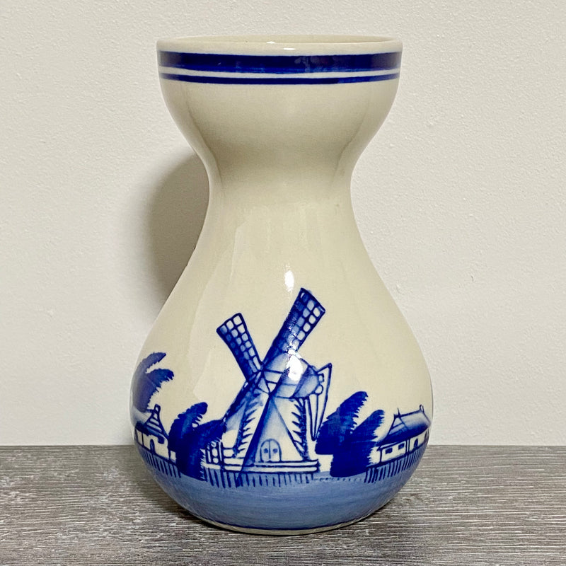Vintage Ceramic Hand Painted Blue Windmill Boat Scene Flower Vase Delft Pottery