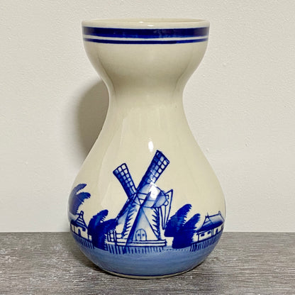 Vintage Ceramic Hand Painted Blue Windmill Boat Scene Flower Vase Delft Pottery