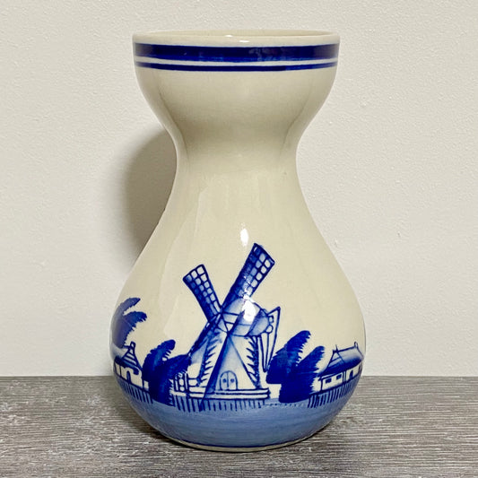 Vintage Ceramic Hand Painted Blue Windmill Boat Scene Flower Vase Delft Pottery