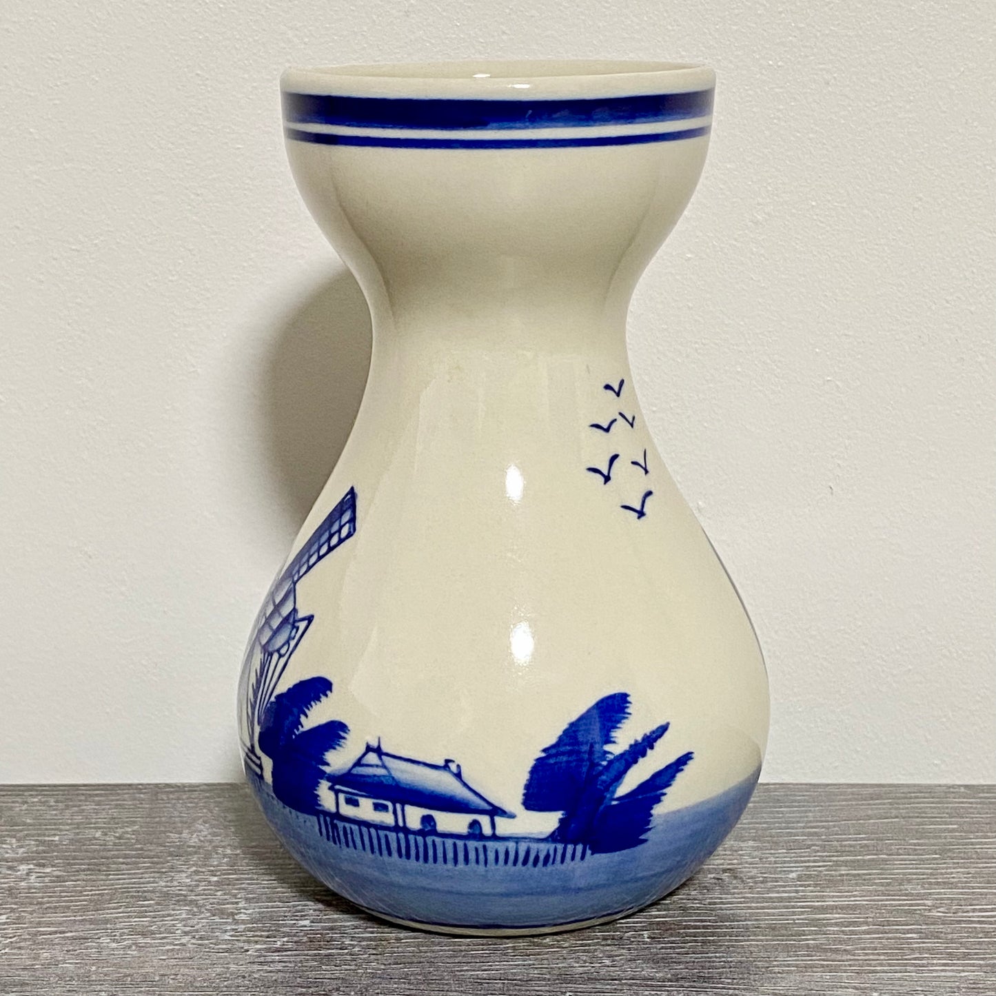 Vintage Ceramic Hand Painted Blue Windmill Boat Scene Flower Vase Delft Pottery