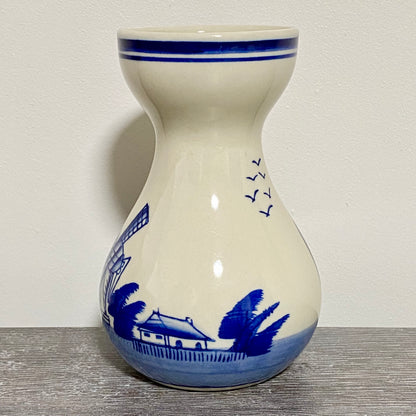 Vintage Ceramic Hand Painted Blue Windmill Boat Scene Flower Vase Delft Pottery