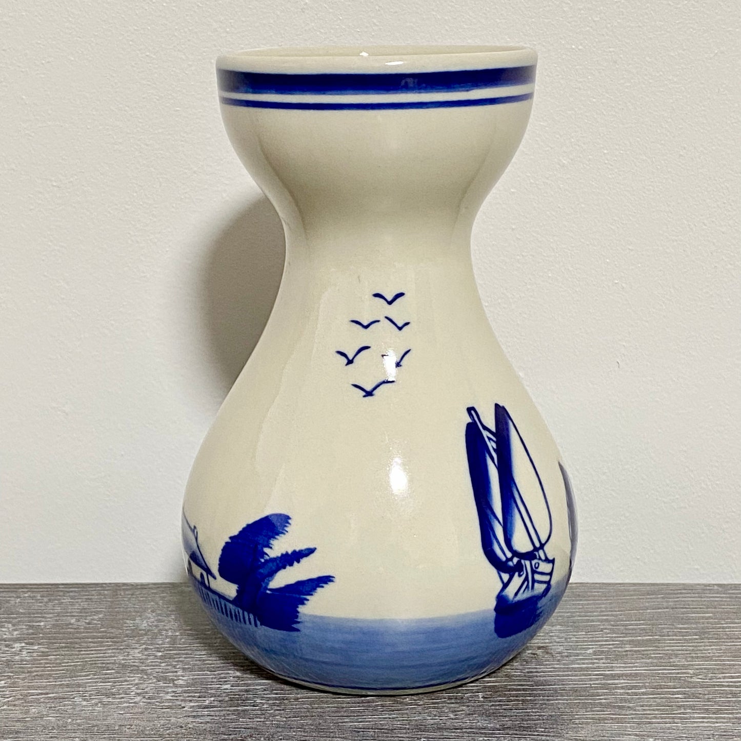 Vintage Ceramic Hand Painted Blue Windmill Boat Scene Flower Vase Delft Pottery