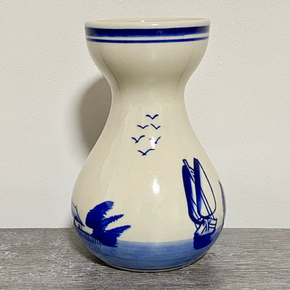 Vintage Ceramic Hand Painted Blue Windmill Boat Scene Flower Vase Delft Pottery