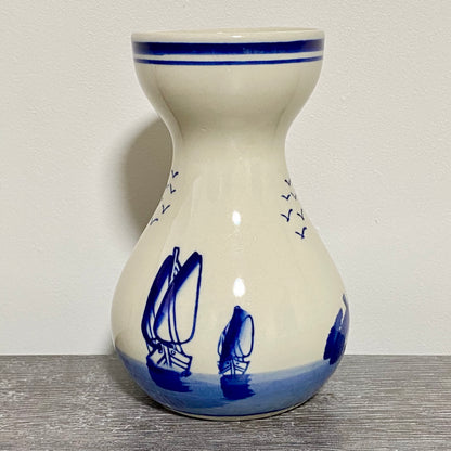 Vintage Ceramic Hand Painted Blue Windmill Boat Scene Flower Vase Delft Pottery