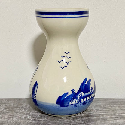Vintage Ceramic Hand Painted Blue Windmill Boat Scene Flower Vase Delft Pottery