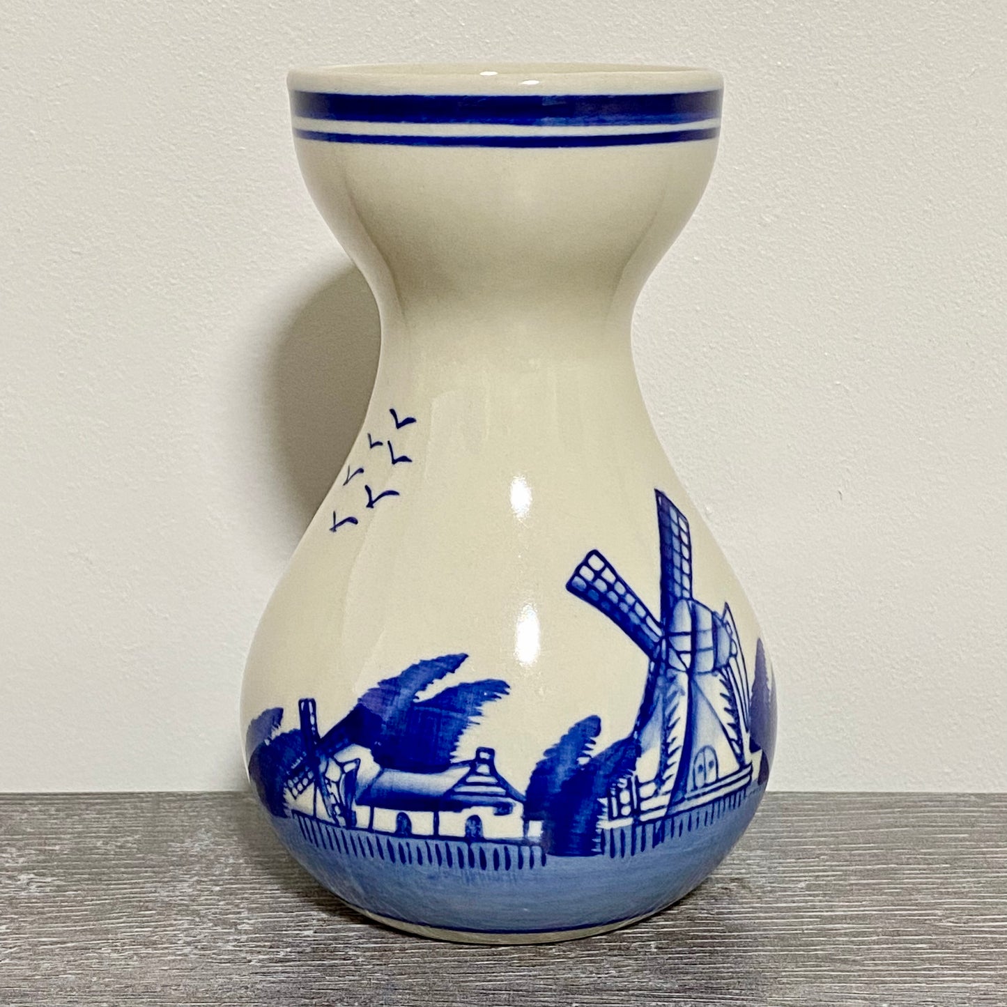 Vintage Ceramic Hand Painted Blue Windmill Boat Scene Flower Vase Delft Pottery