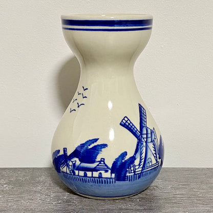 Vintage Ceramic Hand Painted Blue Windmill Boat Scene Flower Vase Delft Pottery