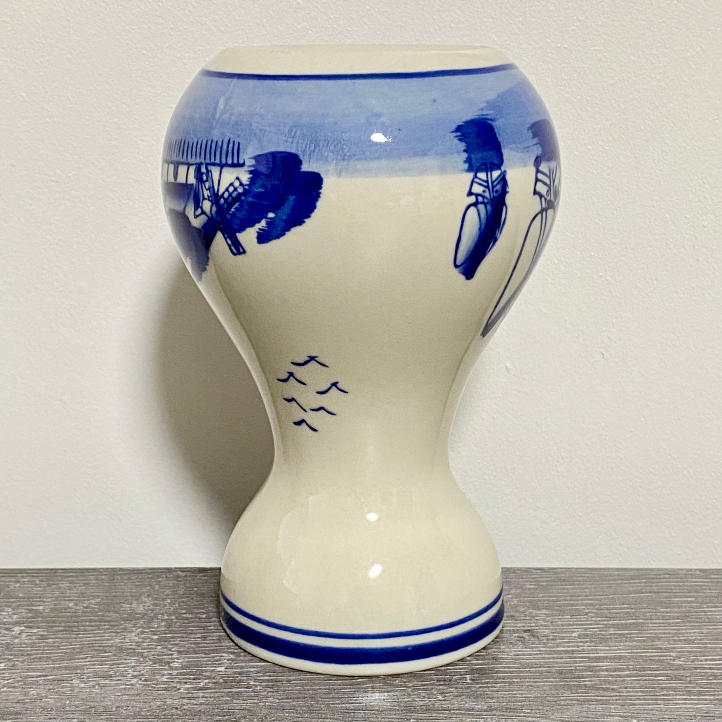 Vintage Ceramic Hand Painted Blue Windmill Boat Scene Flower Vase Delft Pottery