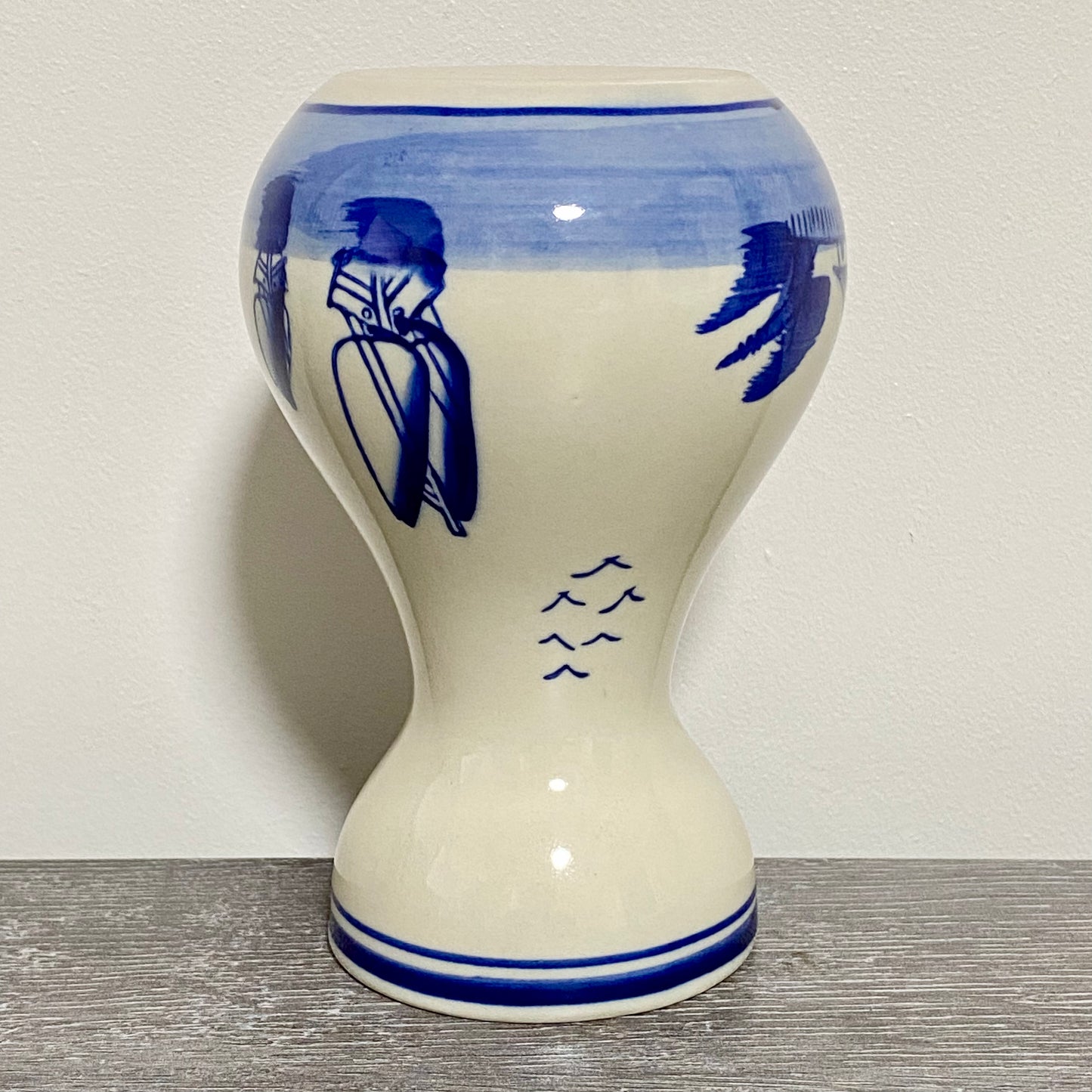 Vintage Ceramic Hand Painted Blue Windmill Boat Scene Flower Vase Delft Pottery