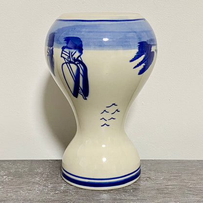 Vintage Ceramic Hand Painted Blue Windmill Boat Scene Flower Vase Delft Pottery