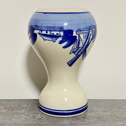 Vintage Ceramic Hand Painted Blue Windmill Boat Scene Flower Vase Delft Pottery