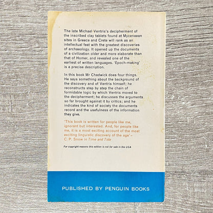 The Decipherment Of Linear B By John Chadwick Pelican Books 1961 Paperback Book