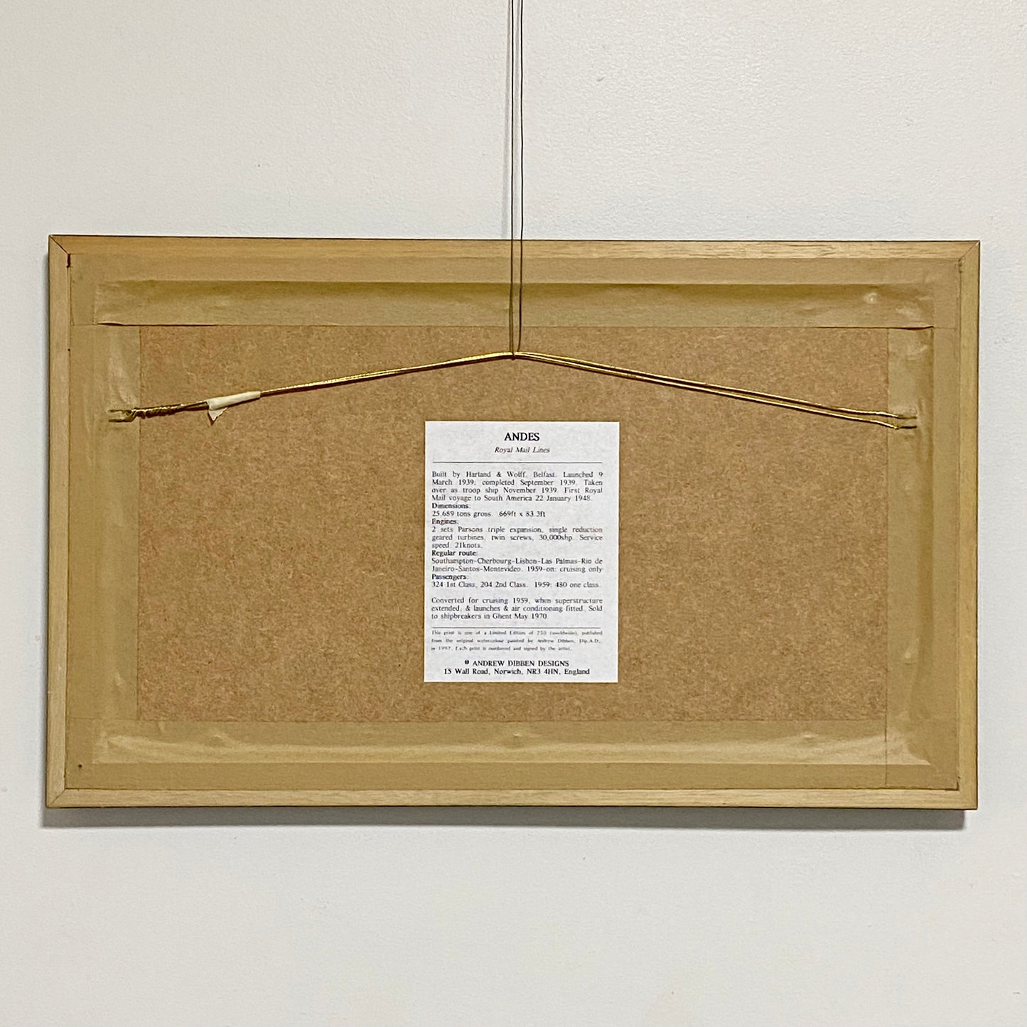 Vintage Royal Mail Lines SS Andes Boat Art Print Signed By Andrew Dibben Framed