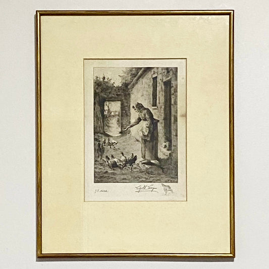 19th Century Woman Feeding Chickens Engraving Plate-Signed After Jean F Millet