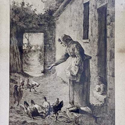 19th Century Woman Feeding Chickens Engraving Plate-Signed After Jean F Millet