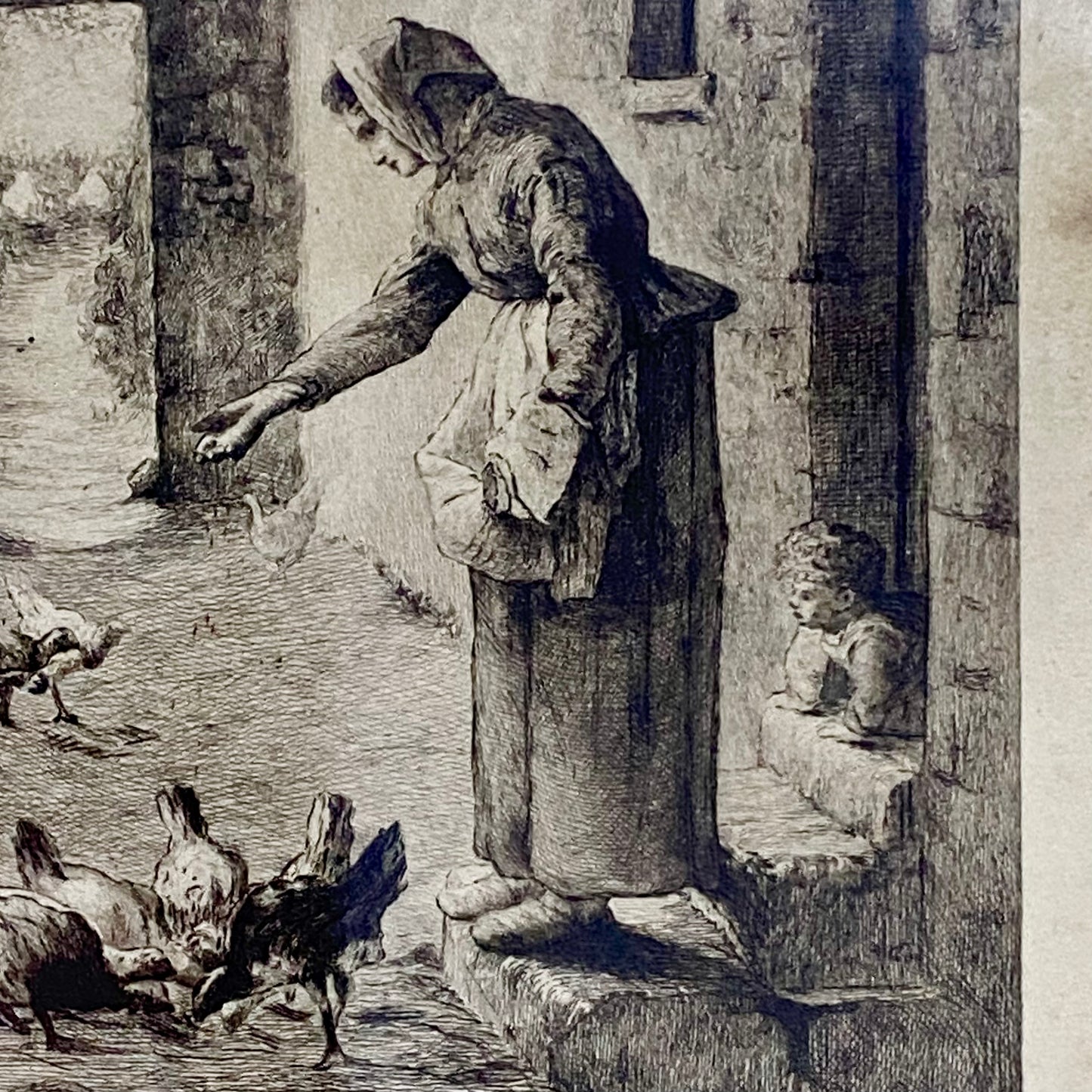 19th Century Woman Feeding Chickens Engraving Plate-Signed After Jean F Millet
