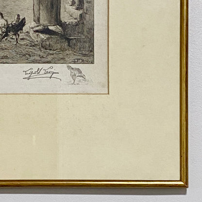 19th Century Woman Feeding Chickens Engraving Plate-Signed After Jean F Millet