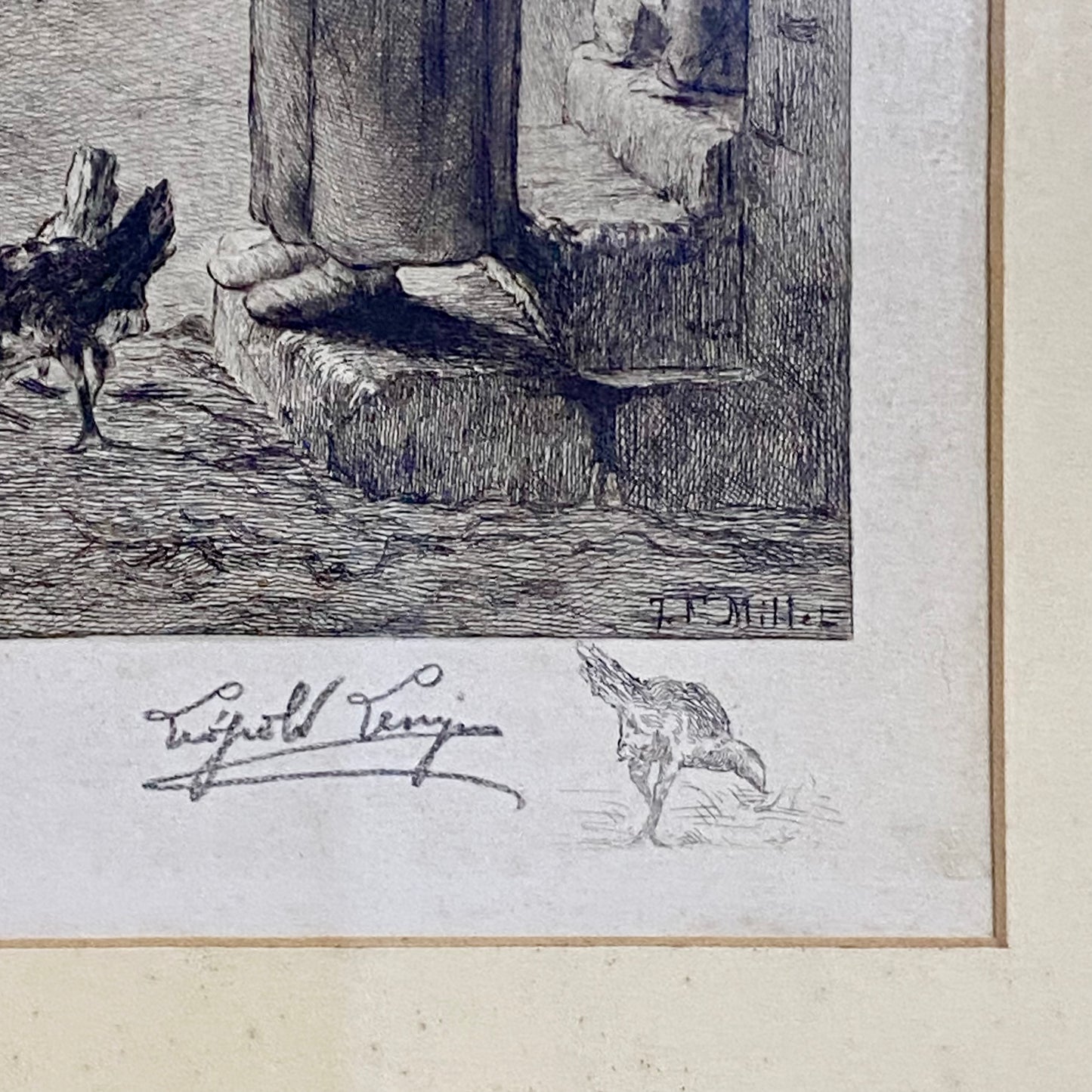 19th Century Woman Feeding Chickens Engraving Plate-Signed After Jean F Millet