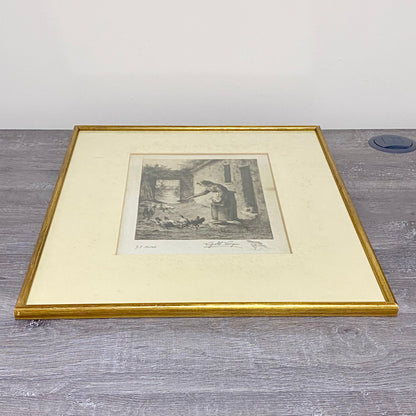 19th Century Woman Feeding Chickens Engraving Plate-Signed After Jean F Millet