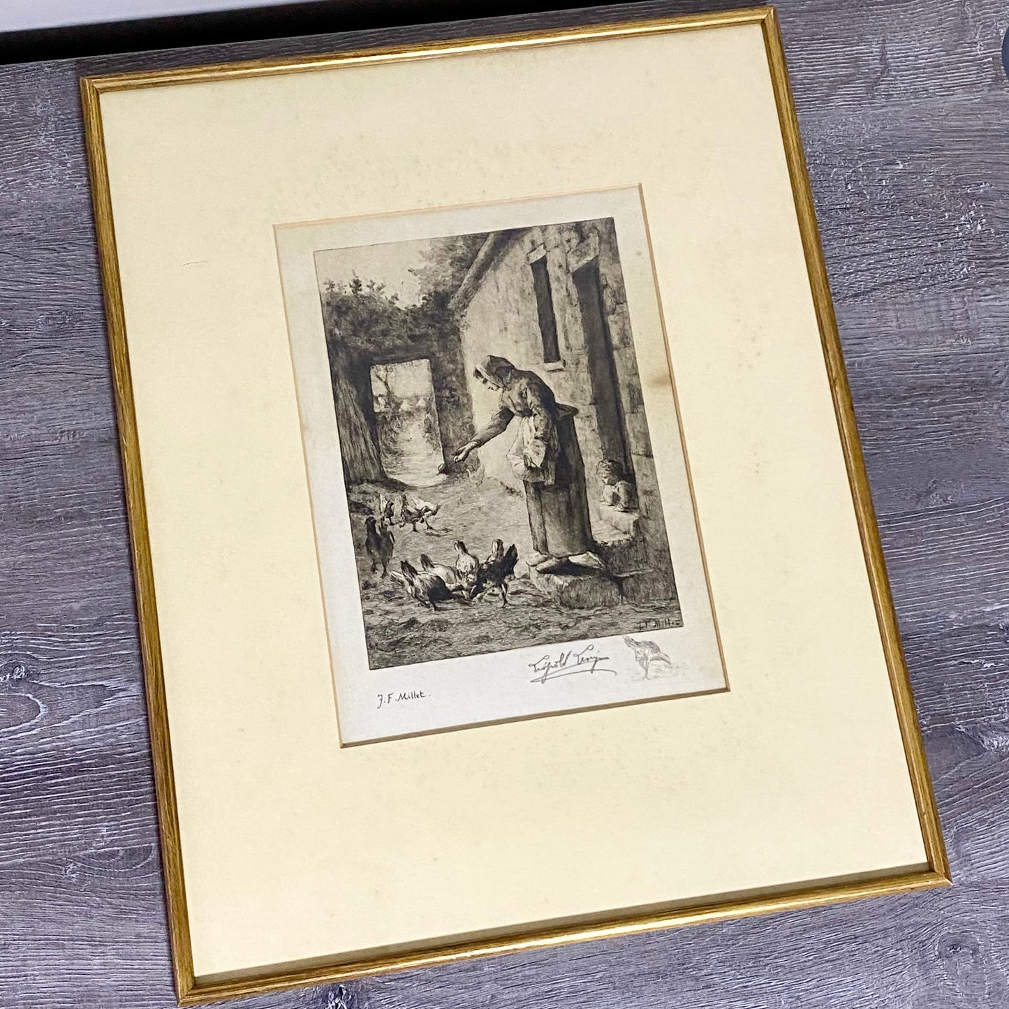 19th Century Woman Feeding Chickens Engraving Plate-Signed After Jean F Millet