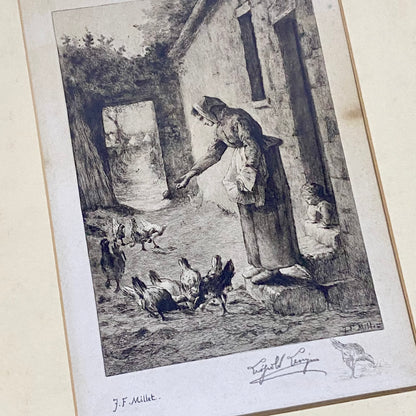 19th Century Woman Feeding Chickens Engraving Plate-Signed After Jean F Millet
