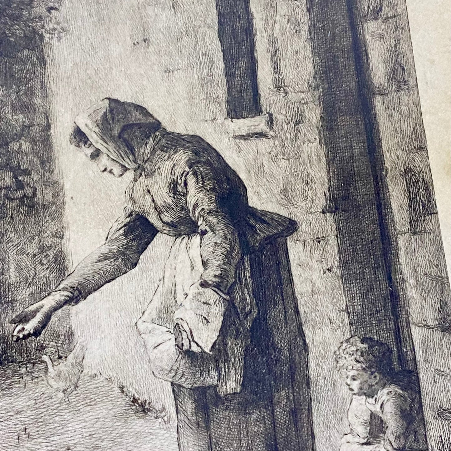 19th Century Woman Feeding Chickens Engraving Plate-Signed After Jean F Millet