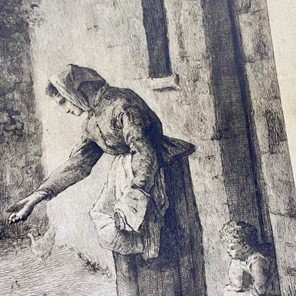 19th Century Woman Feeding Chickens Engraving Plate-Signed After Jean F Millet