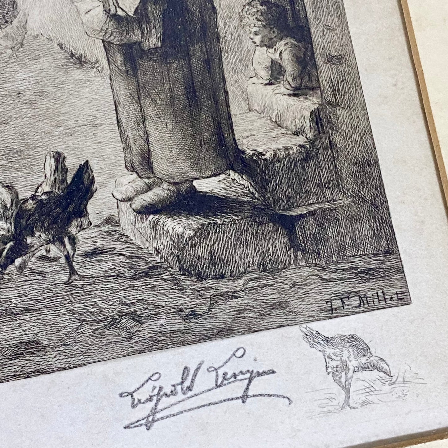 19th Century Woman Feeding Chickens Engraving Plate-Signed After Jean F Millet