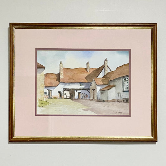 Vintage Village Courtyard Scene Watercolour Art Print Signed Henry J Sage Framed
