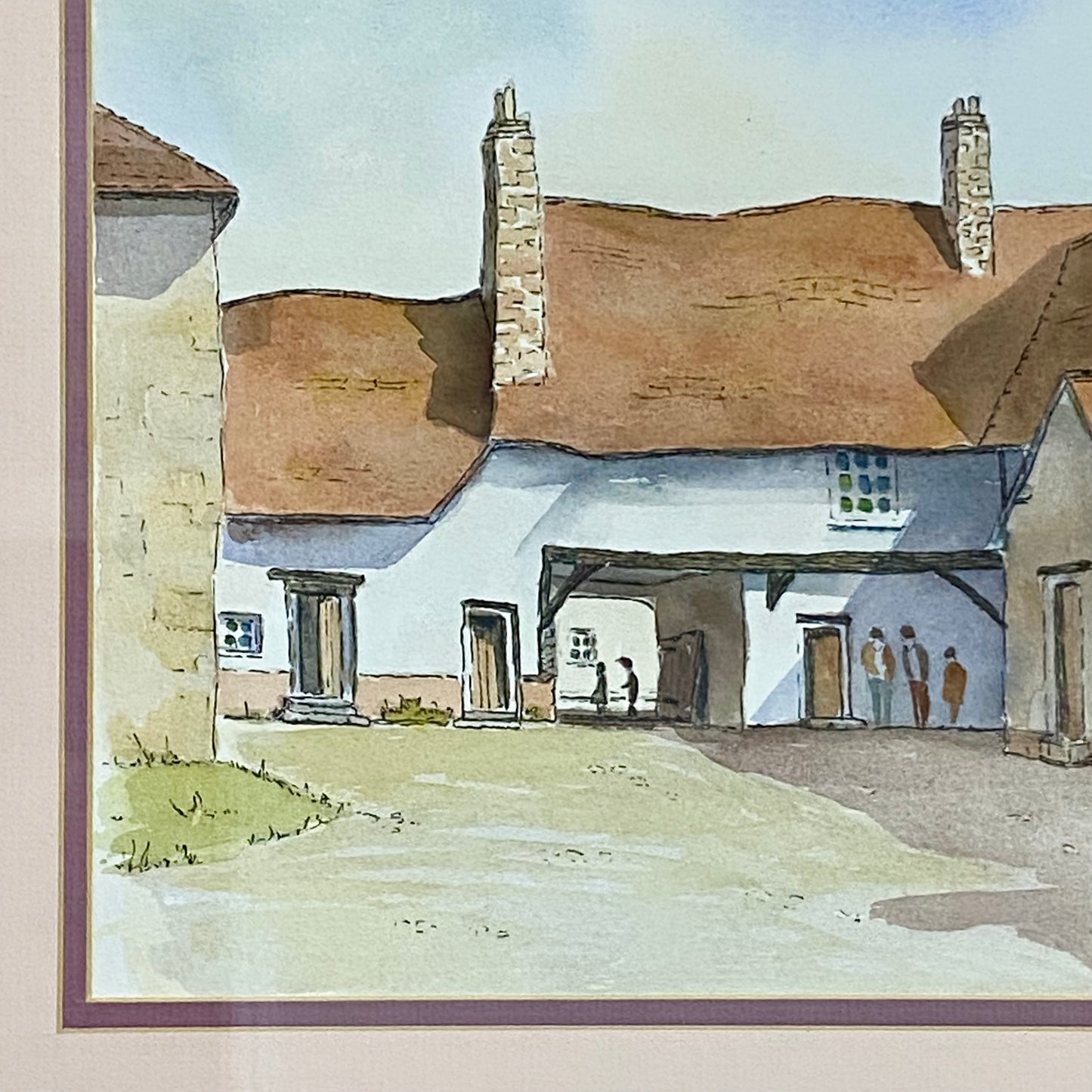 Vintage Village Courtyard Scene Watercolour Art Print Signed Henry J Sage Framed