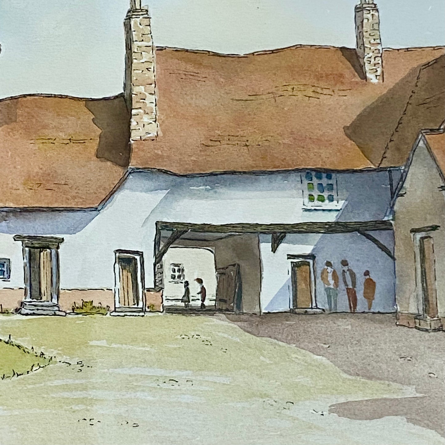 Vintage Village Courtyard Scene Watercolour Art Print Signed Henry J Sage Framed