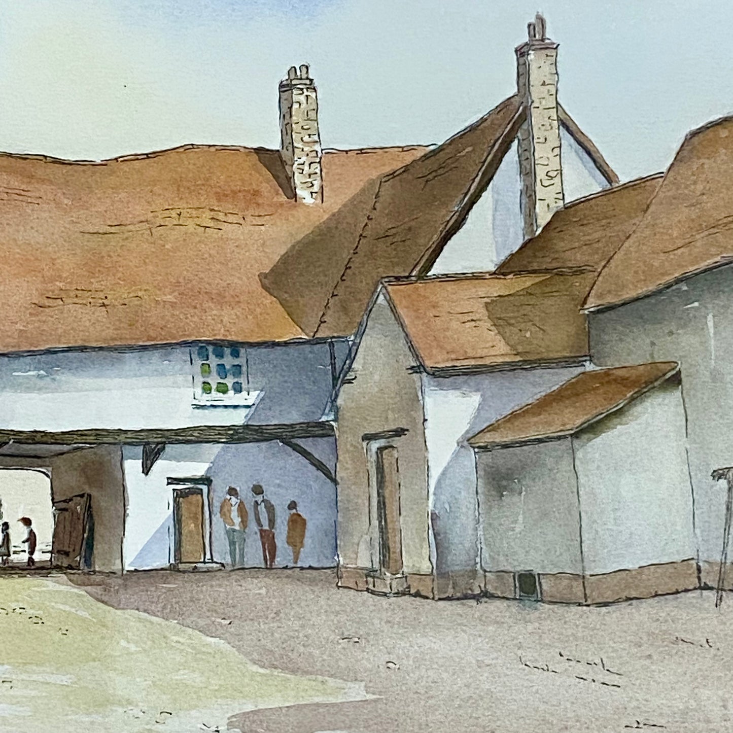 Vintage Village Courtyard Scene Watercolour Art Print Signed Henry J Sage Framed