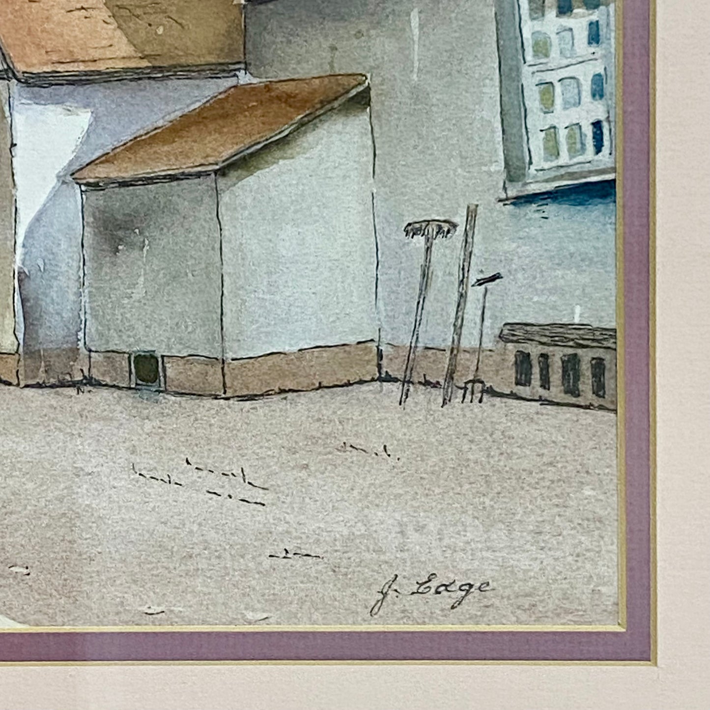 Vintage Village Courtyard Scene Watercolour Art Print Signed Henry J Sage Framed