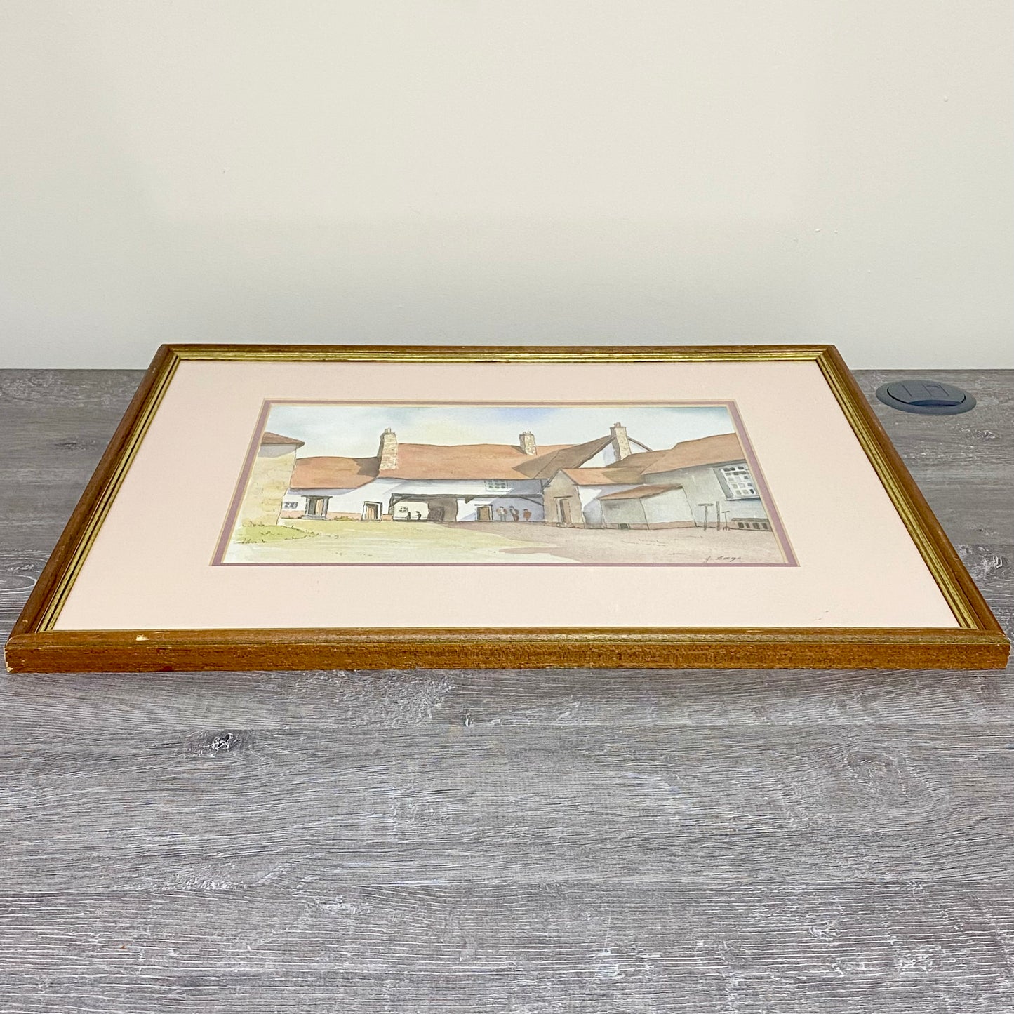 Vintage Village Courtyard Scene Watercolour Art Print Signed Henry J Sage Framed