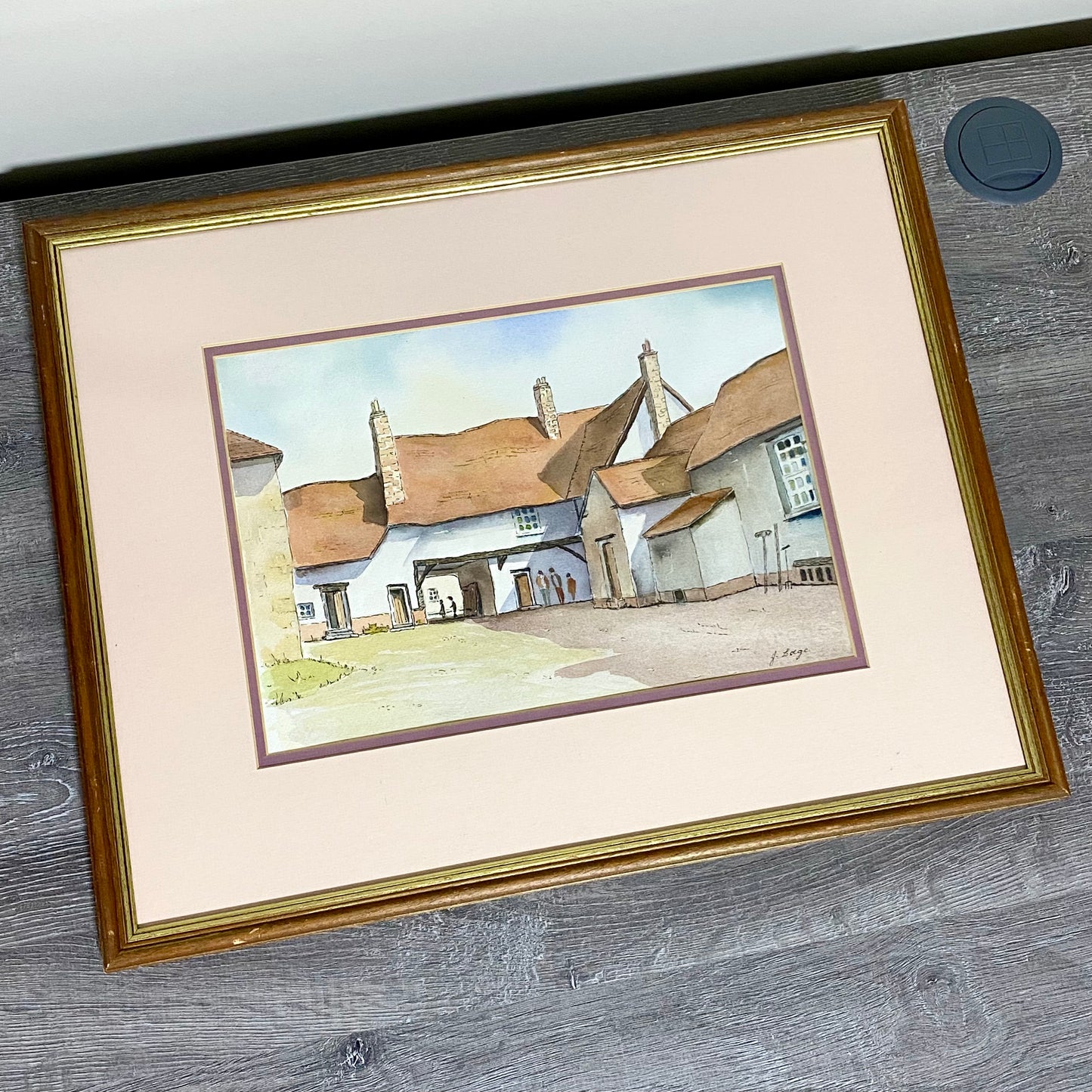 Vintage Village Courtyard Scene Watercolour Art Print Signed Henry J Sage Framed