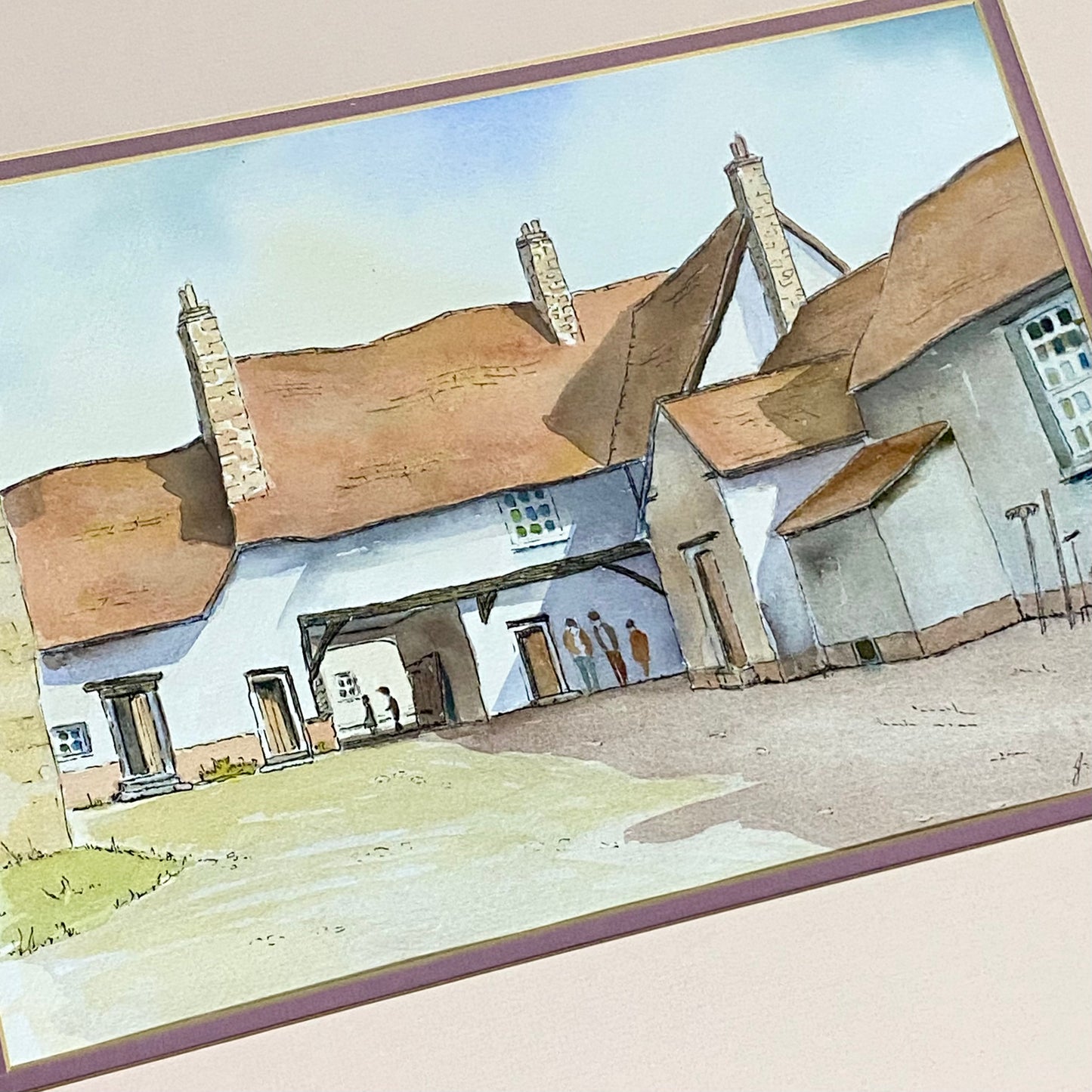 Vintage Village Courtyard Scene Watercolour Art Print Signed Henry J Sage Framed