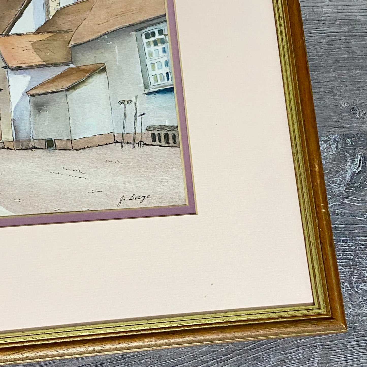 Vintage Village Courtyard Scene Watercolour Art Print Signed Henry J Sage Framed