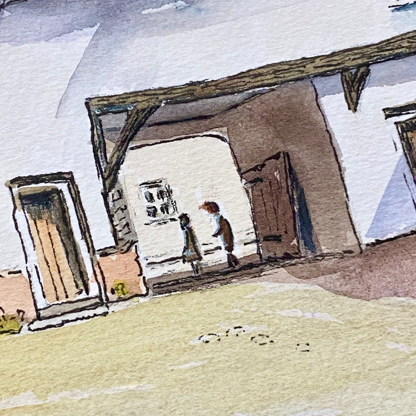 Vintage Village Courtyard Scene Watercolour Art Print Signed Henry J Sage Framed